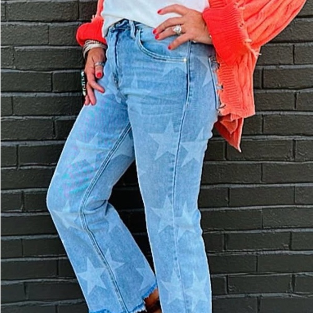 Risen Light Blue Star Print Jeans